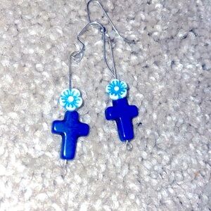 New handmade cross howlite earrings in blue 1 inch
